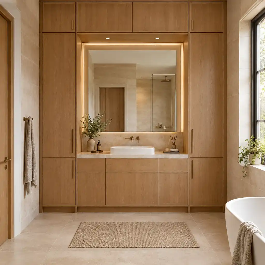 Tall bathroom storage cabinet extending toward the ceiling beside a practical vanity in a compact bathroom.