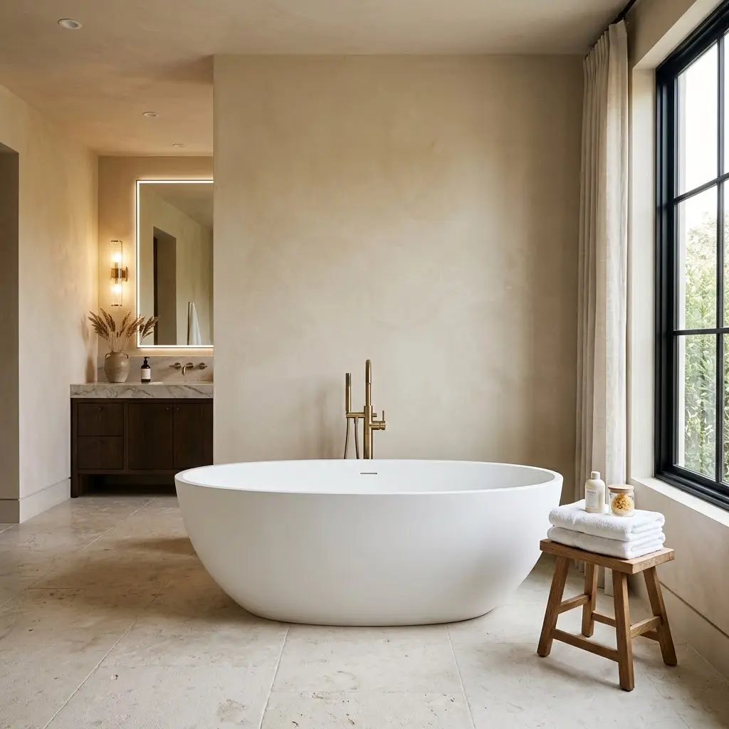 Freestanding white bathtub positioned away from the wall in a bright, elegant bathroom.