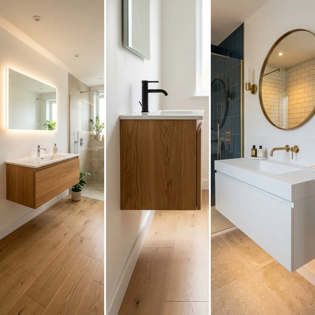 Square collage of three floating bathroom vanity designs in oak and white with hairline borders showing wide shots and close up wall gap detail.