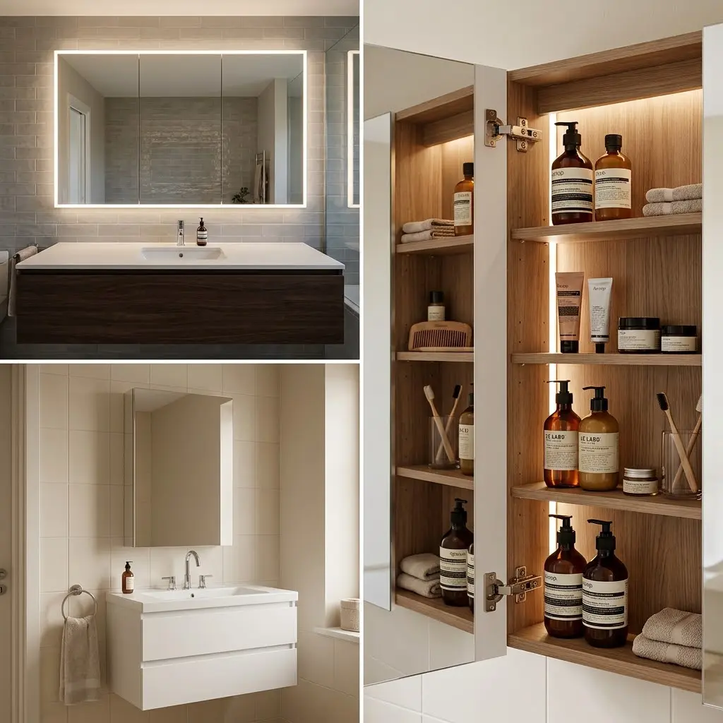 Square collage of three integrated mirror cabinet designs from full width to compact with hairline borders and open interior shelving close up.