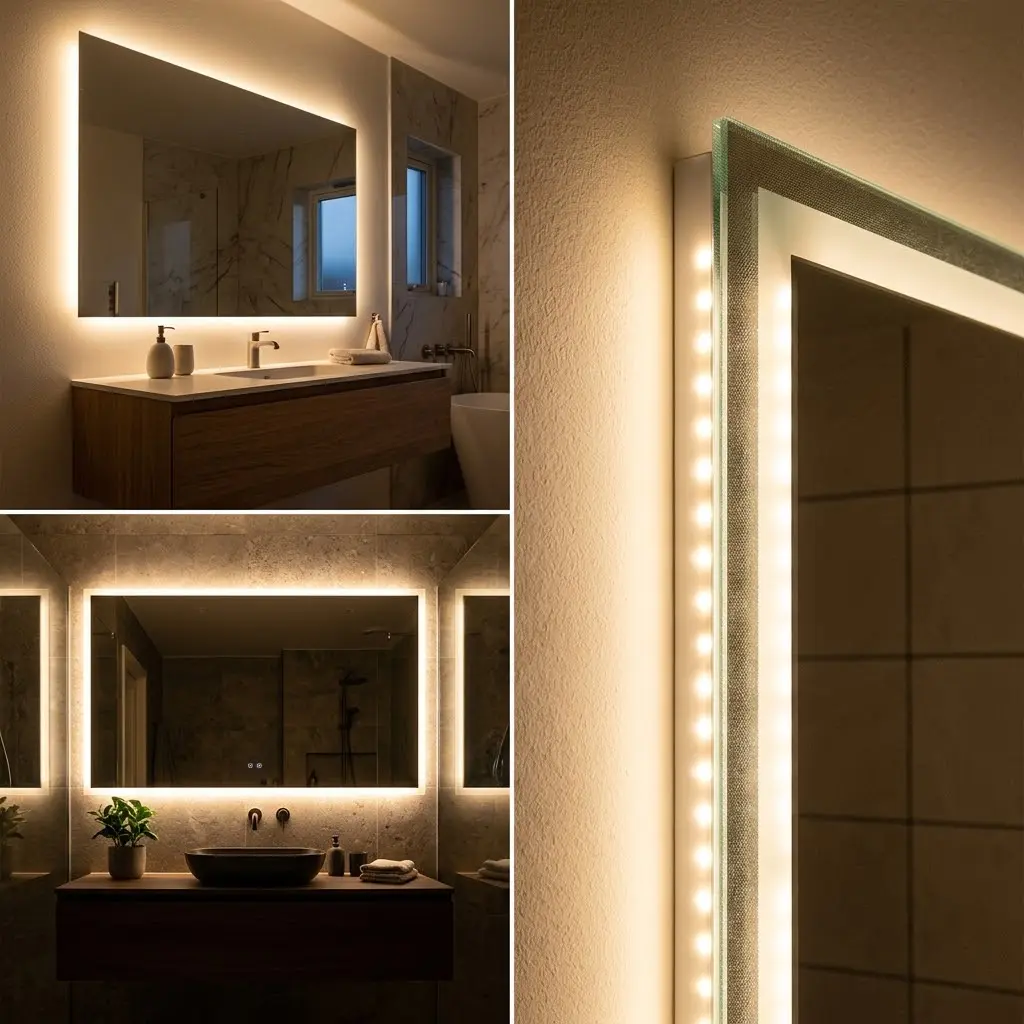 Square collage of three backlit mirror vanity designs from hotel suite glow to rectangular dark vanity with hairline borders and LED edge halo close up.