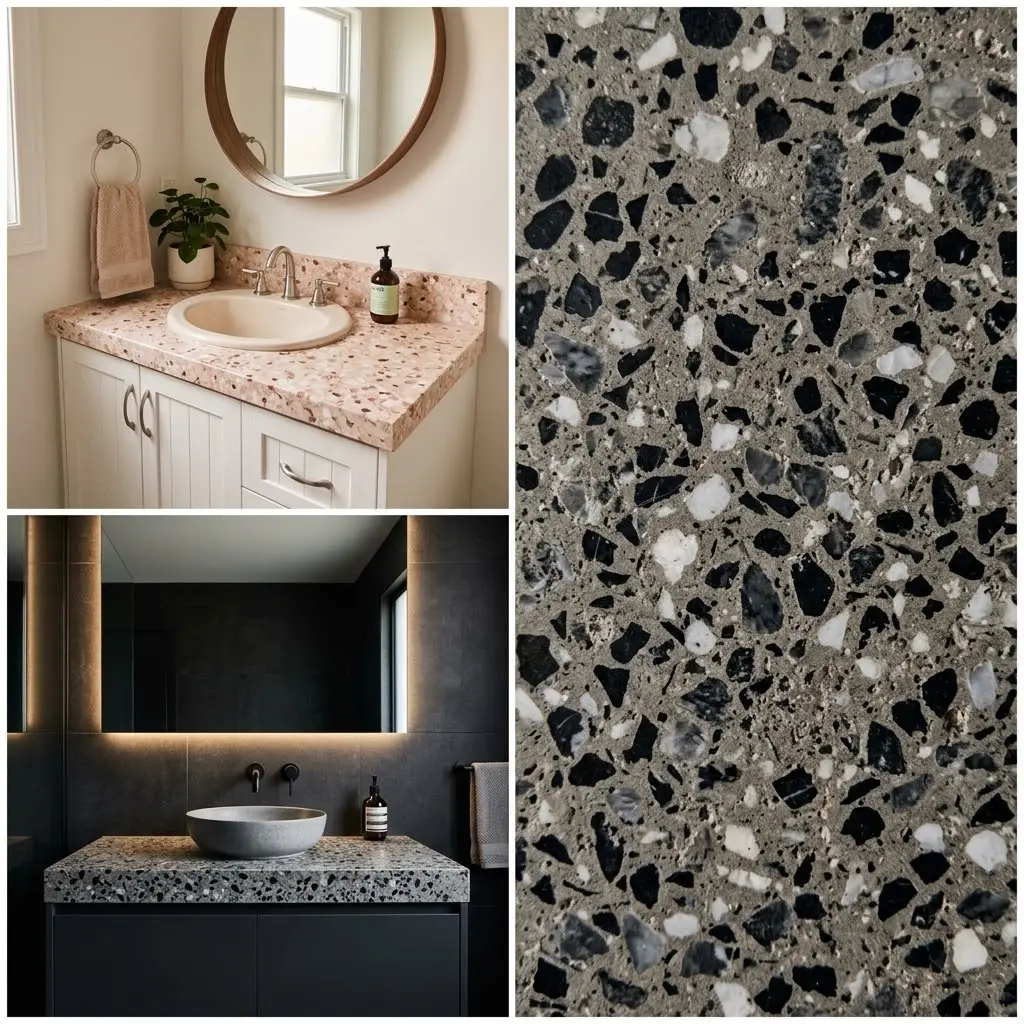 Square collage of three terrazzo vanity top designs from pink cream to grey black with hairline borders and extreme chip texture close up.