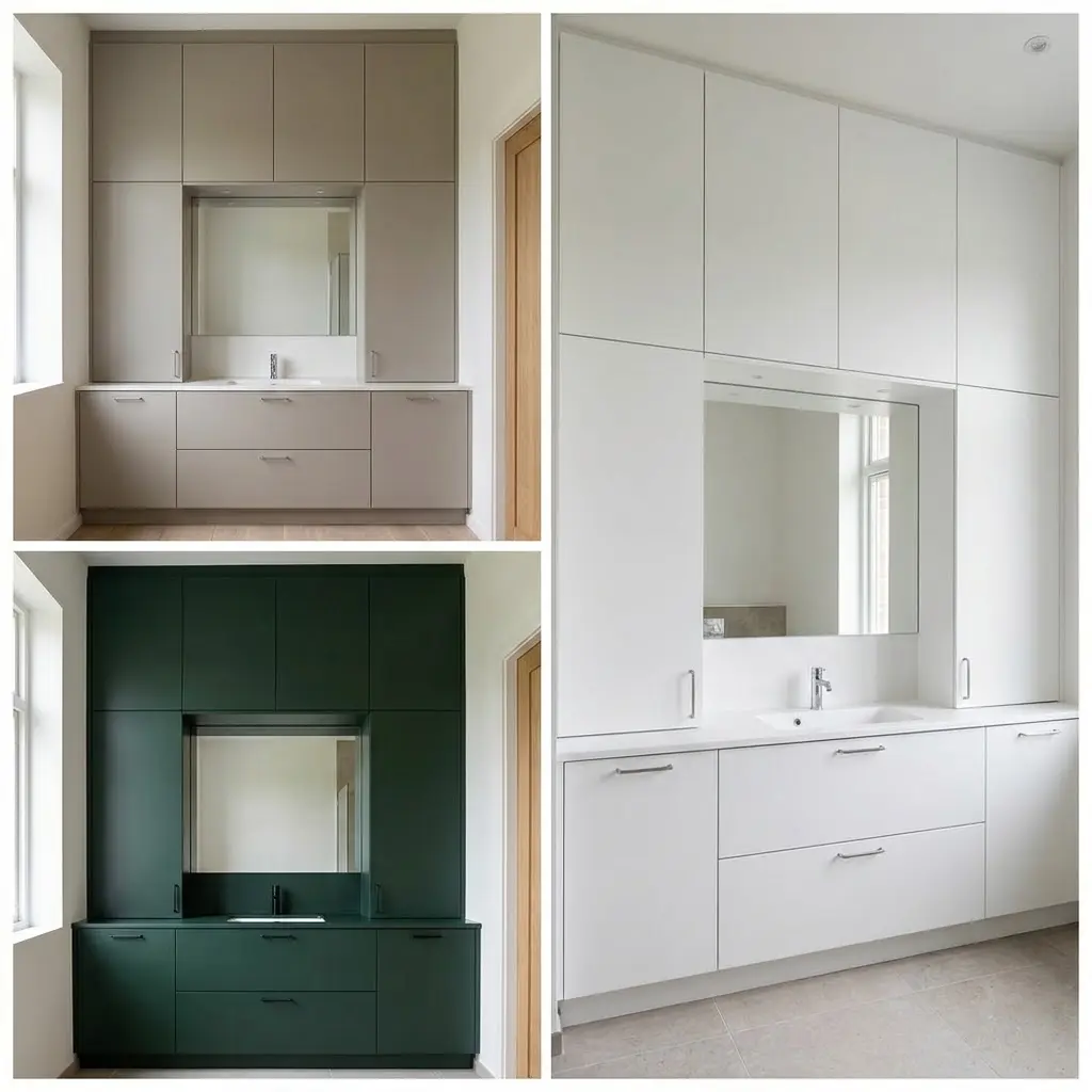 Square collage showing three full height bathroom vanity walls as one seamless floor to ceiling unit with basin at bottom mirror in middle and storage reaching ceiling.