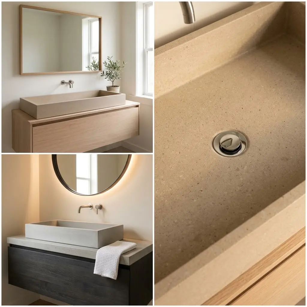Square collage of three Japandi vanity designs showing large wide stone and concrete basins dominating each panel from pale oak to charcoal to overhead basin close up.
