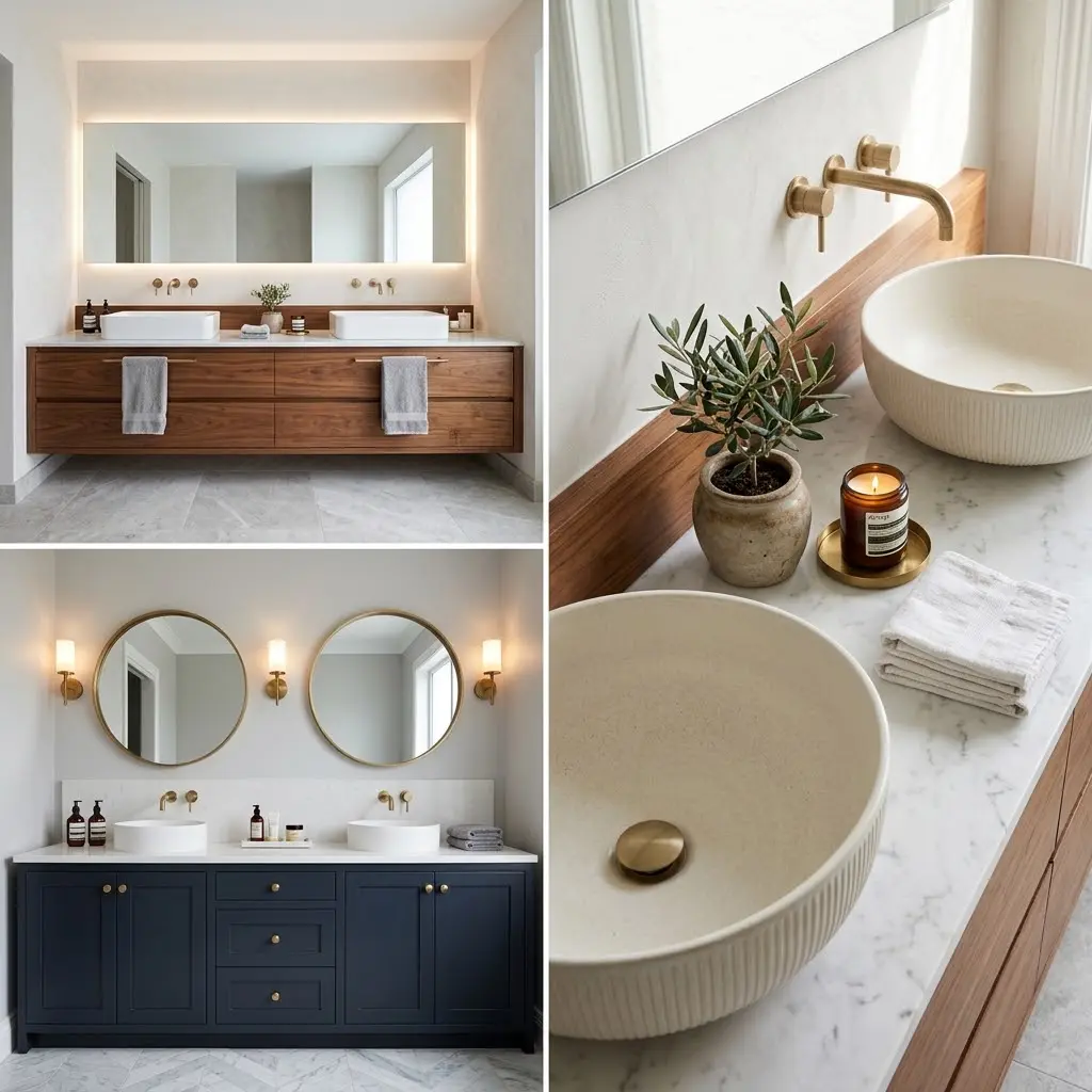 Square collage of three double sink vanity designs from warm wood to dark navy with hairline borders and overhead basin styling close up.