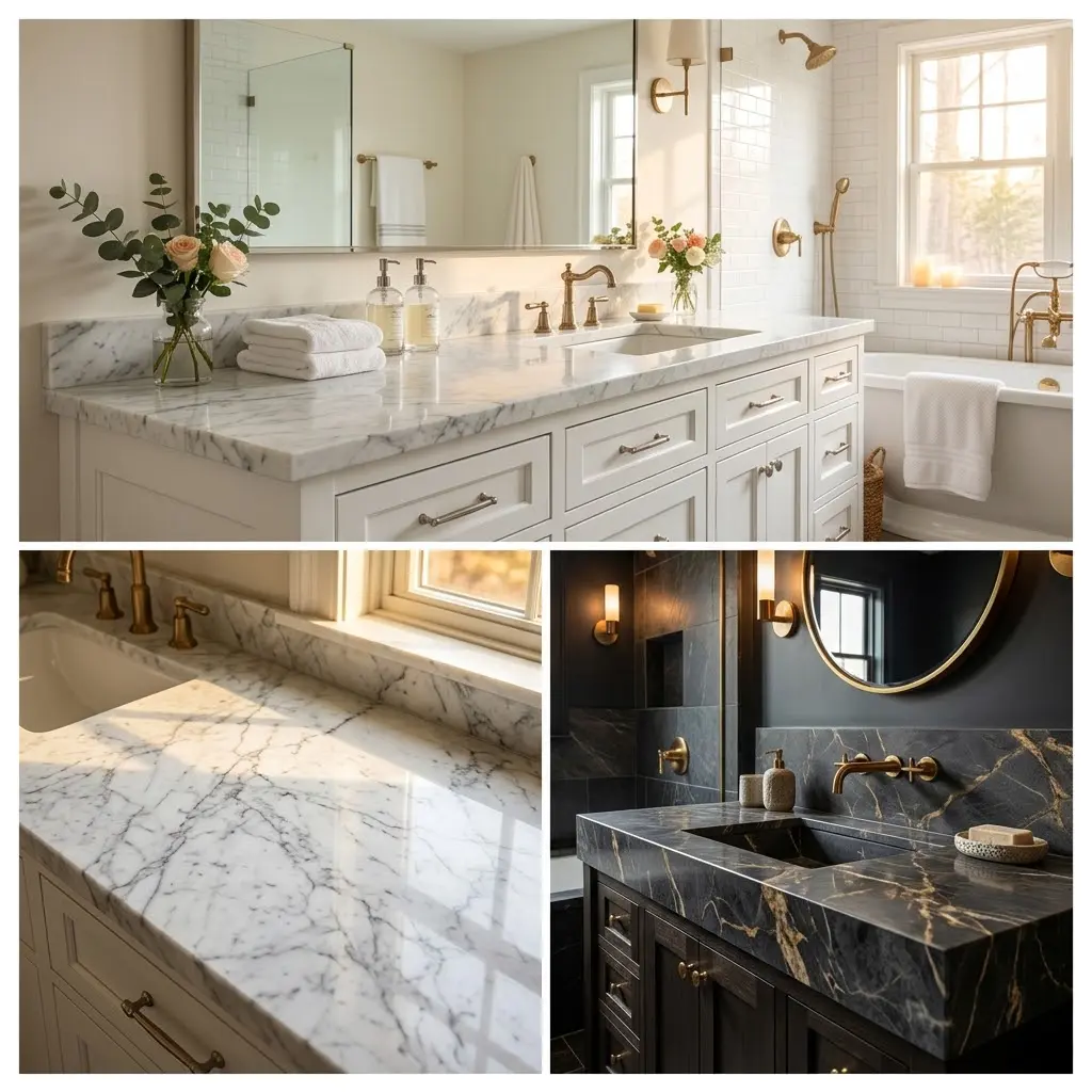 Square collage of three marble top vanity designs from white Carrara to dark gold veined with hairline borders and extreme veining close up.