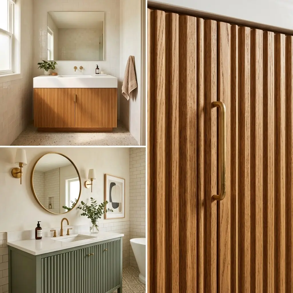 Square collage of three fluted vanity designs from oak wide shot to sage green to extreme close up ridge and brass hardware detail with hairline borders.