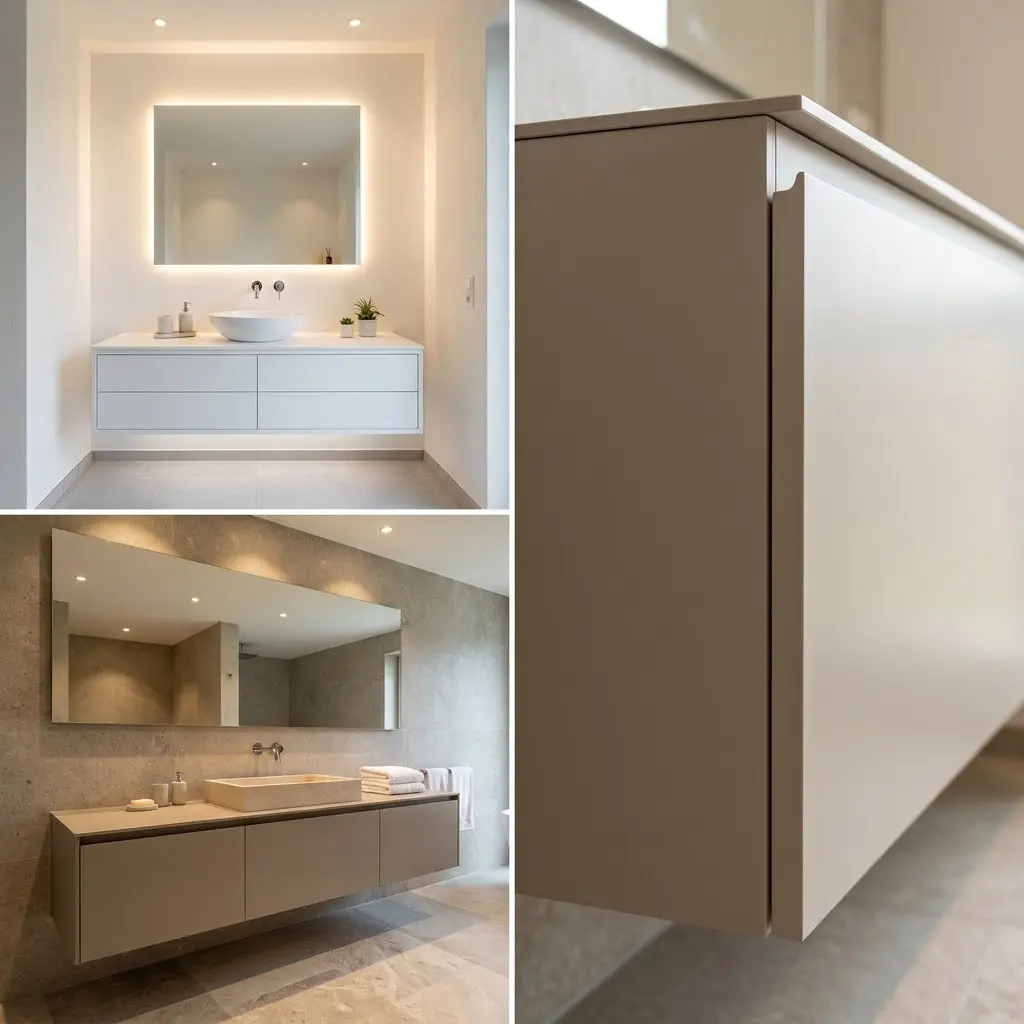 Square collage of three handleless minimalist vanity designs from white to greige spa with hairline borders and push-to-open edge close up.