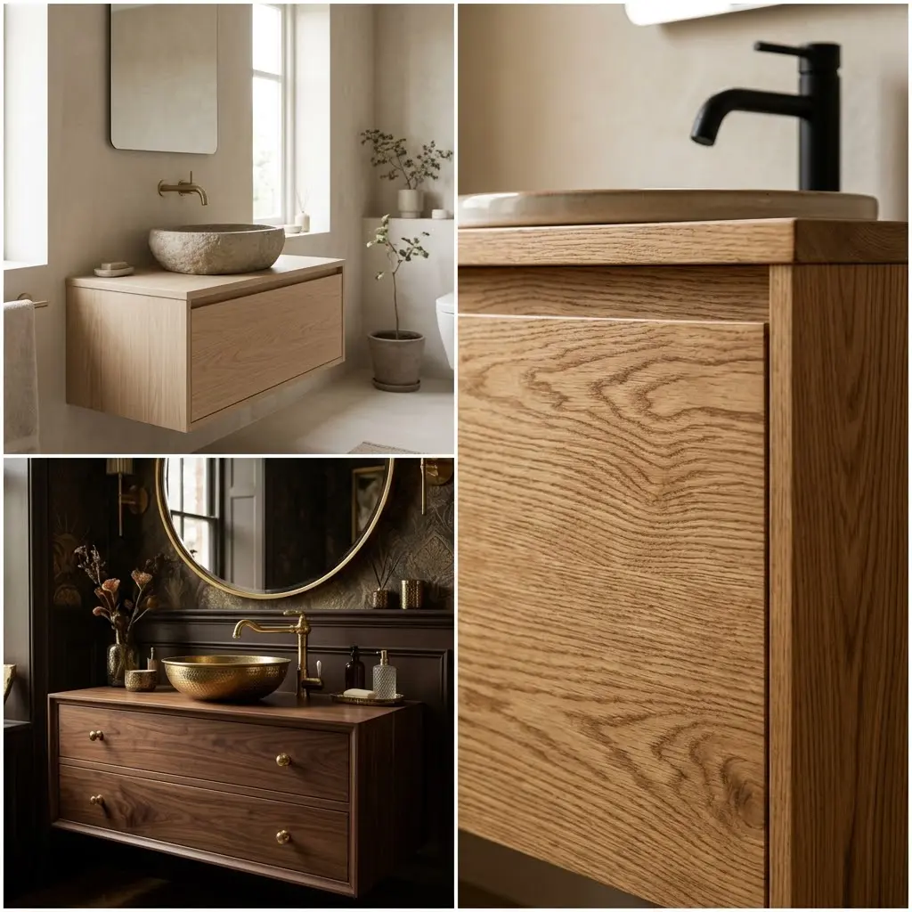 Square collage of three warm wood vanity designs from pale oak Japandi to dark walnut luxury with hairline borders and extreme oak grain close up.