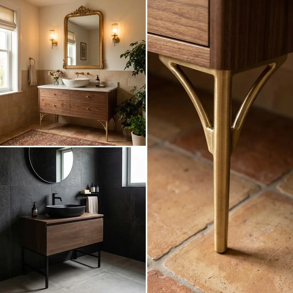 Square collage of three freestanding vanity designs from brass legs to matte black with hairline borders and tapered leg close up detail.