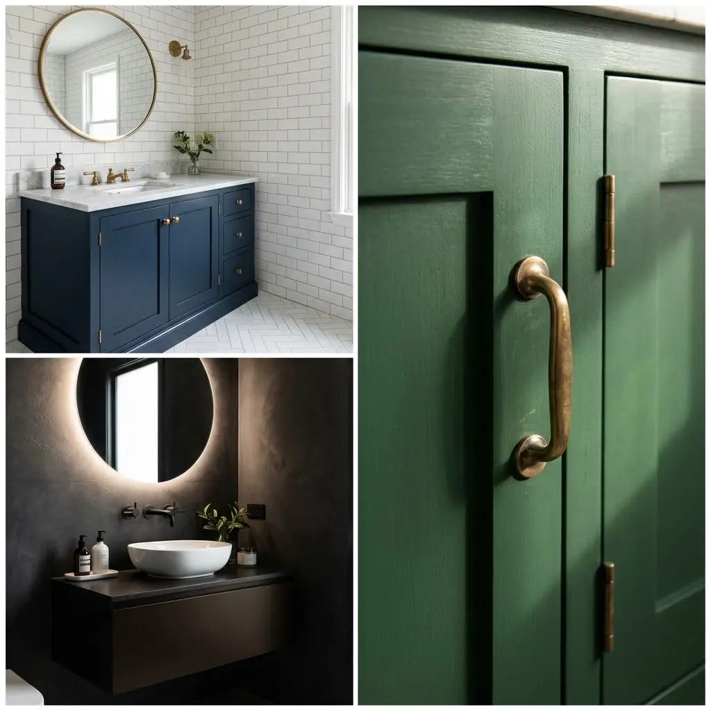 Square collage of three dark painted vanity designs from navy to warm black with hairline borders and forest green brass hardware close up.