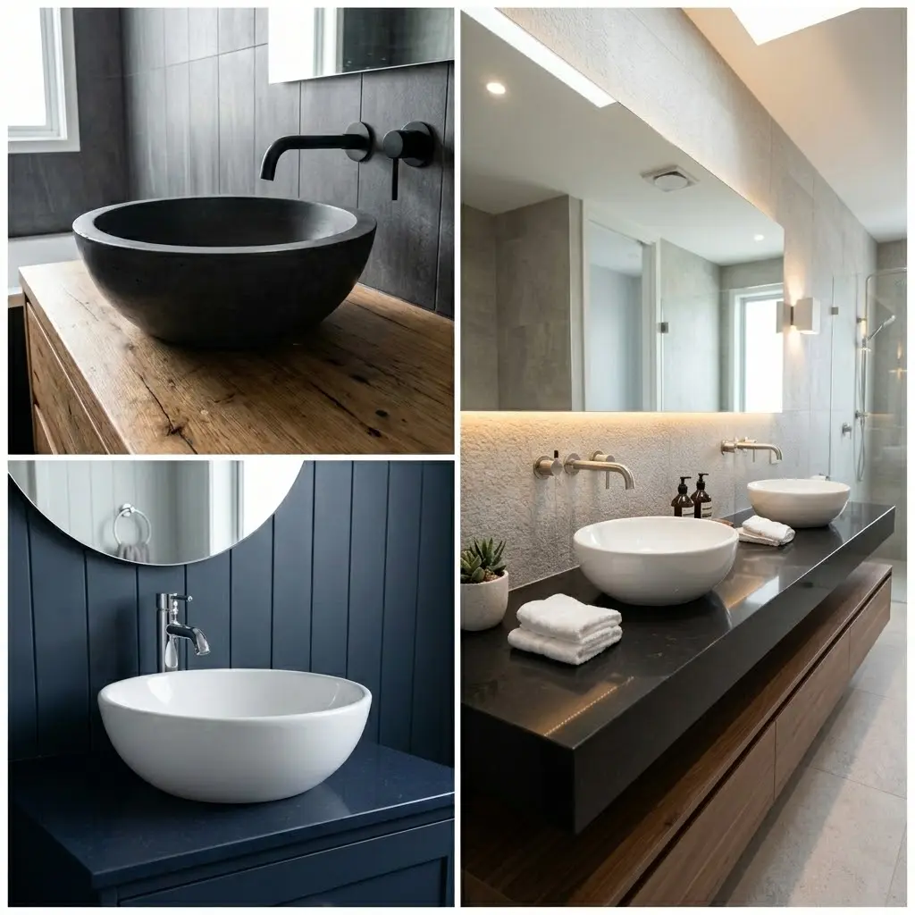 Square collage of three images showing oversized vessel basins as the dominant subject from matte black concrete bowl to white ceramic to overhead interior view.