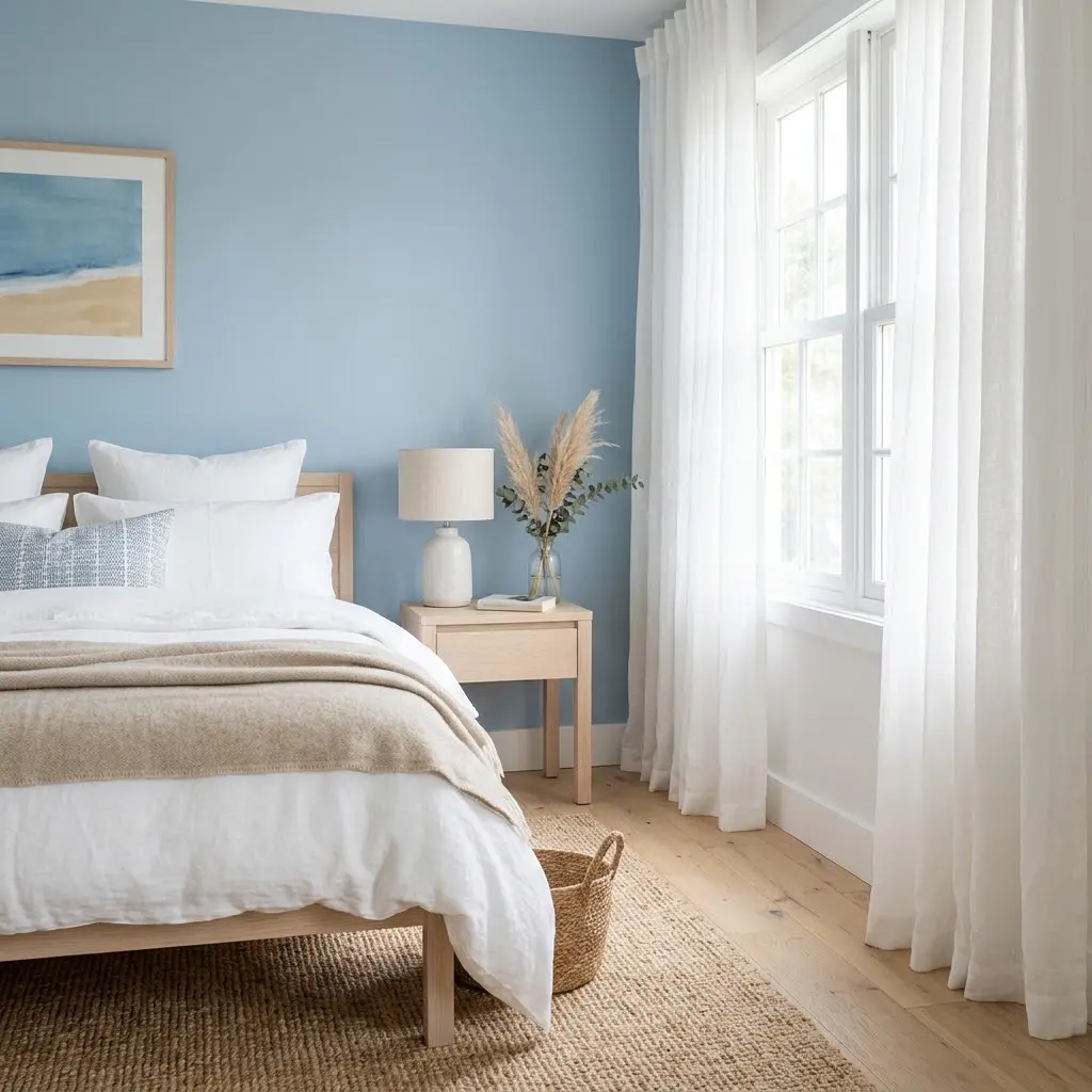 hero image of coastal bedroom ideas article showing a beautifully decorated coastal bedroom.