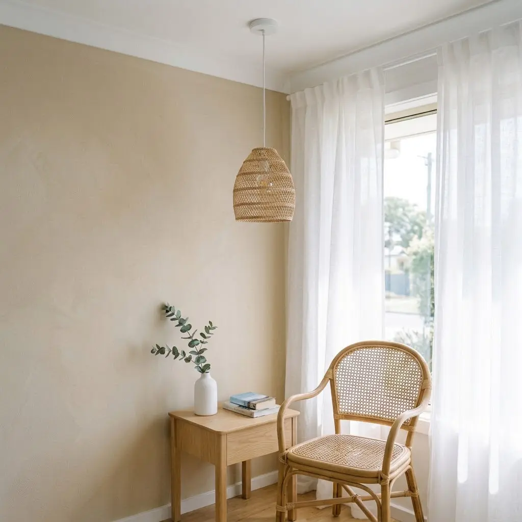 rattan chair in a corner beside the window.