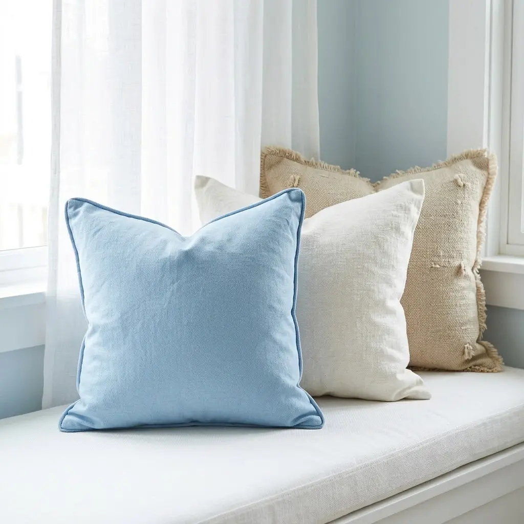 three cusions in brown, white and blue tones for representing coastal colors.