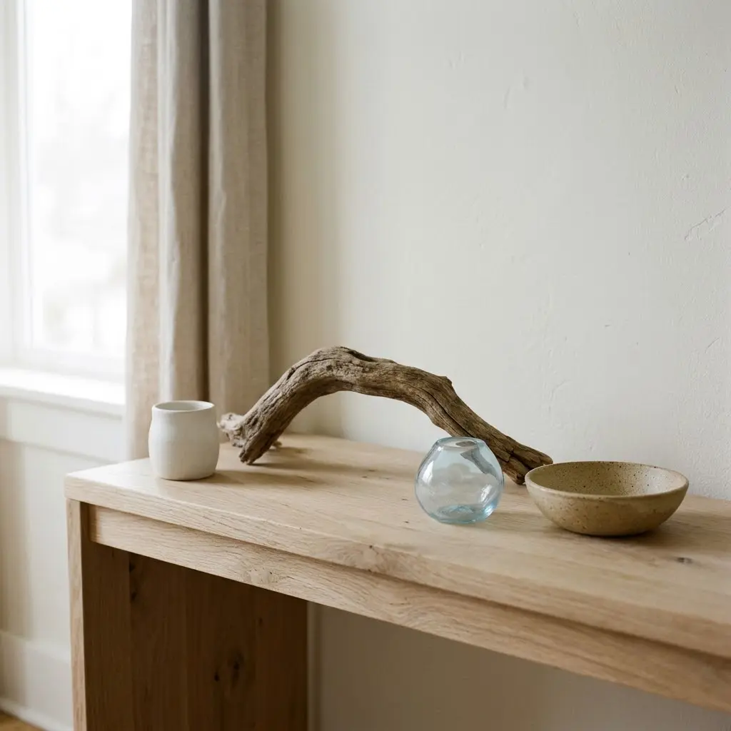 a driftwood piece and a few other decor objects on a bench.