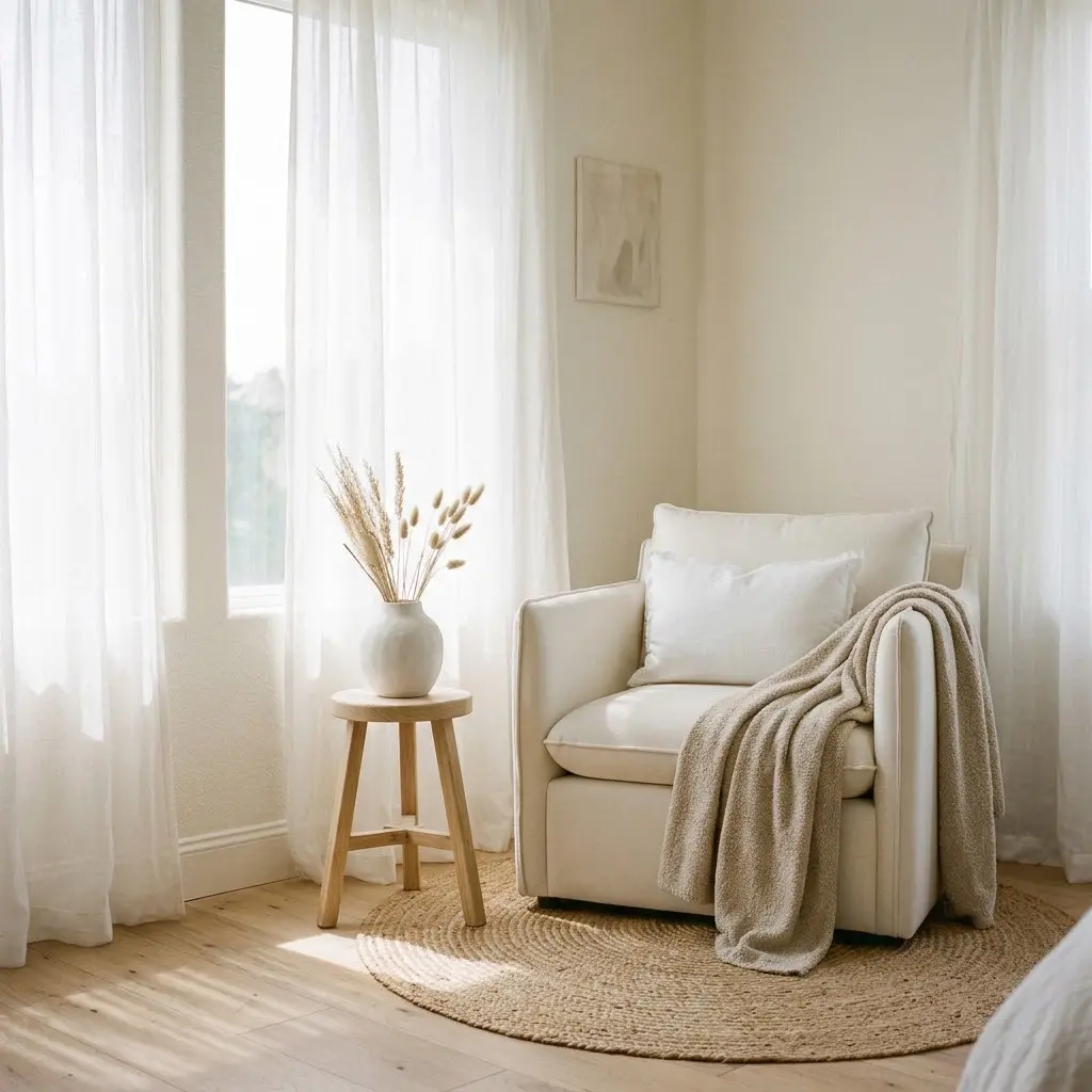 a neutral corner in a coastal bedroom.