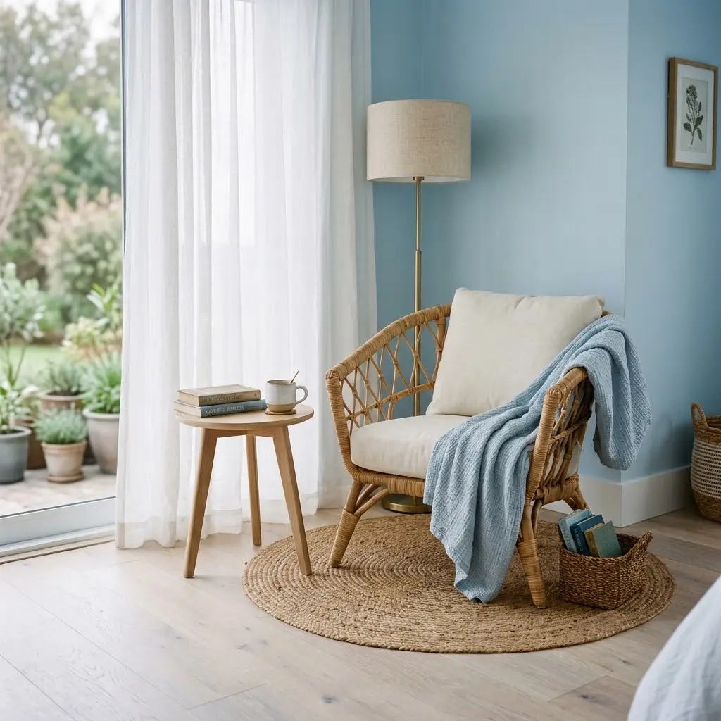 an airy corner for the fresh feel in a coastal decorated bedroom.