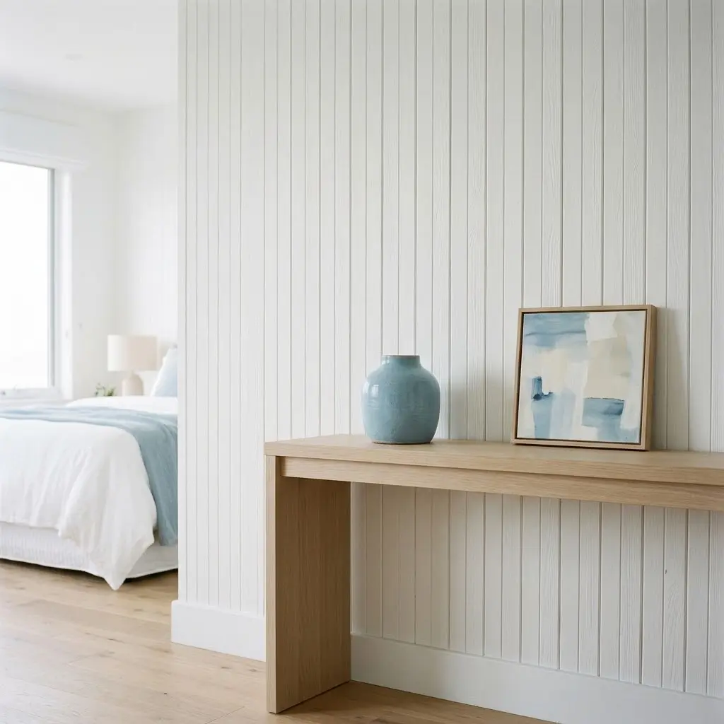 white shiplap wall and a wooden bench placed with it.