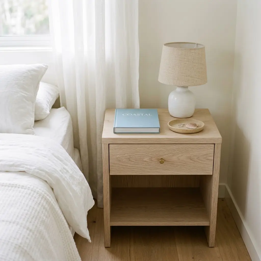 warm wood bedside table kept simple.