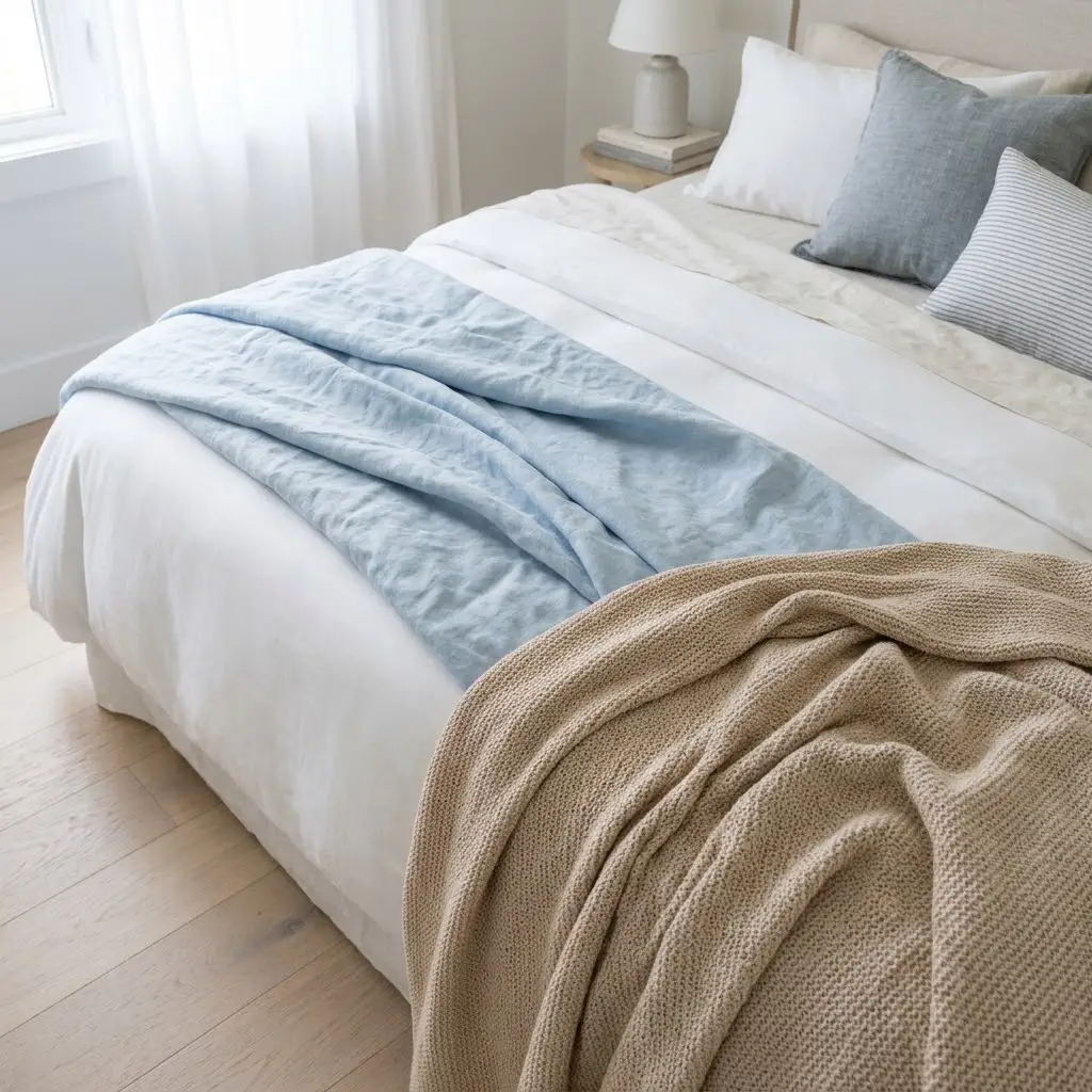 coastal bedding carefully done.