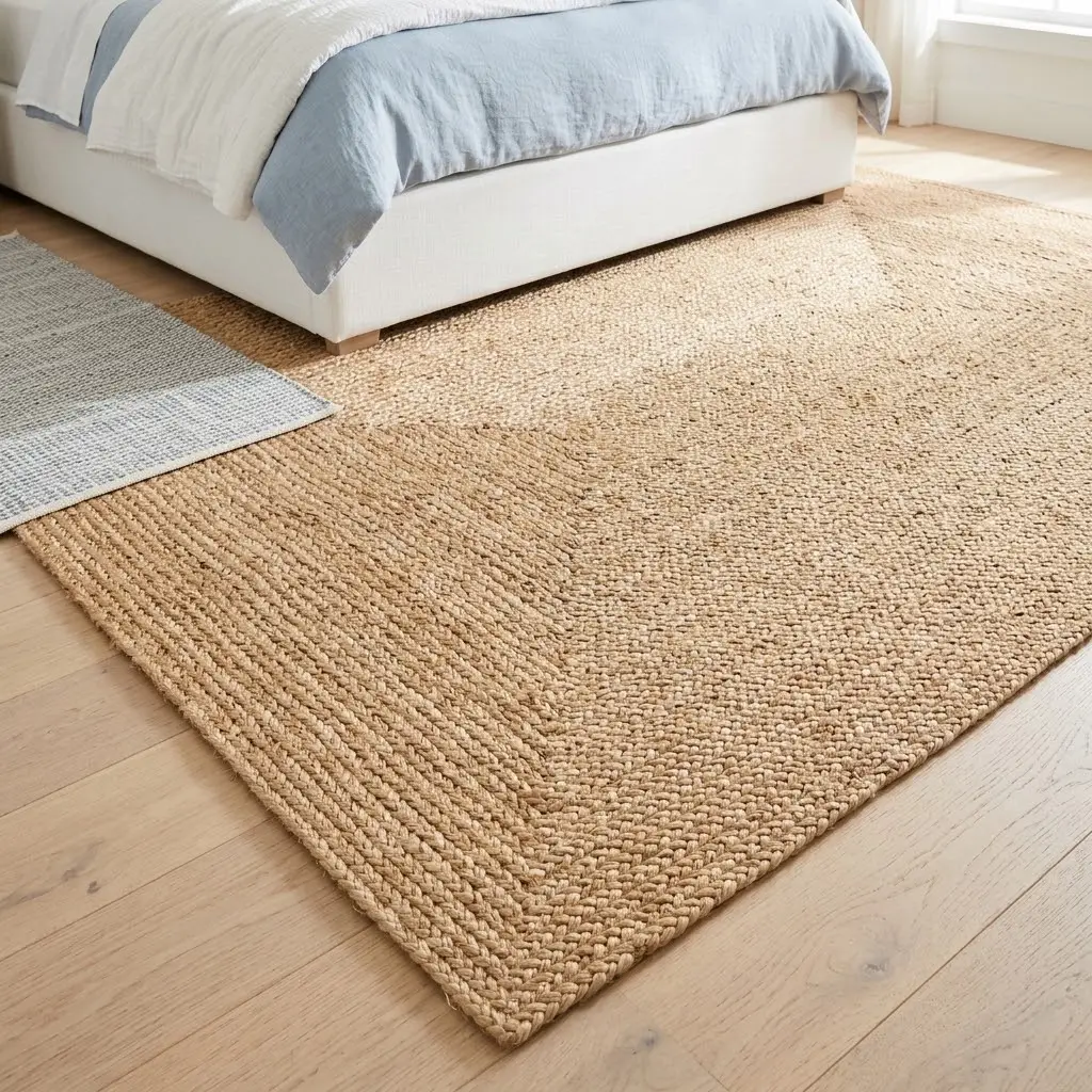 natural fiber rug and a woven rug on a wooden floor.