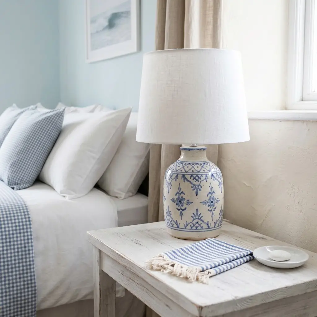 blue and white table lamp in a coastal decorated bedroom.