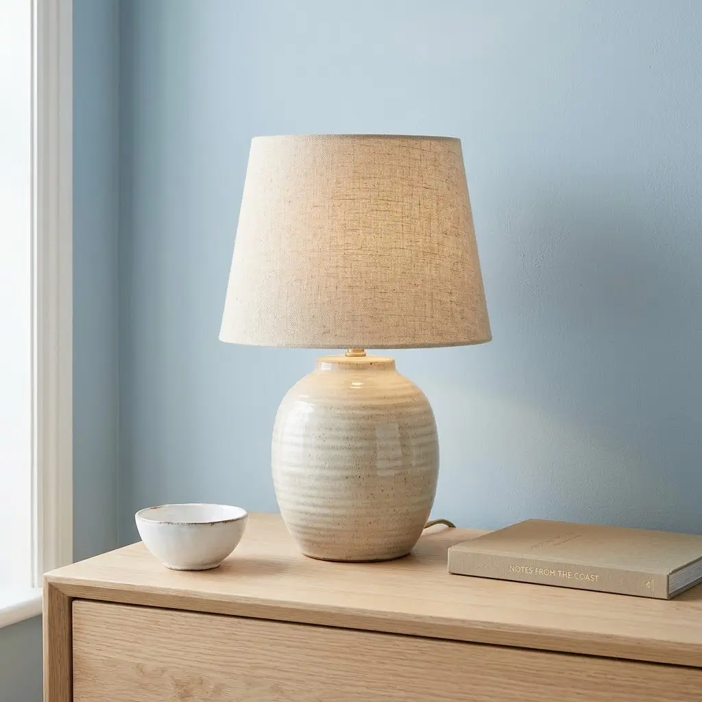 warm toned ceramic table lamp on a wooden table.