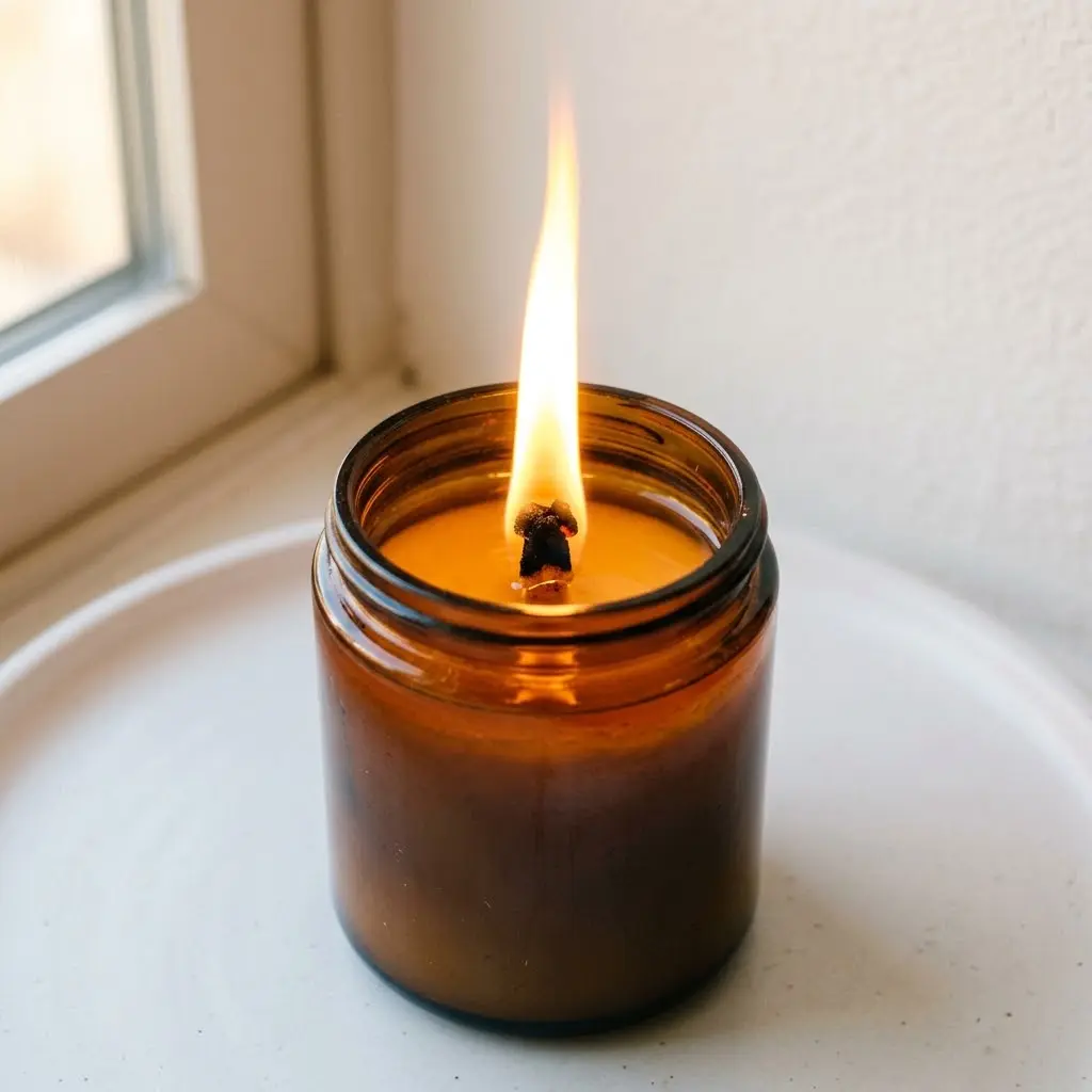 Why is my candle burning so fast — tall flame deep wax pool and mushroomed wick tip showing a candle burning too quickly.