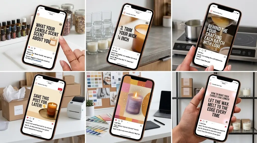 Candle content ideas for Instagram shown as bright carousel slides on a phone screen.