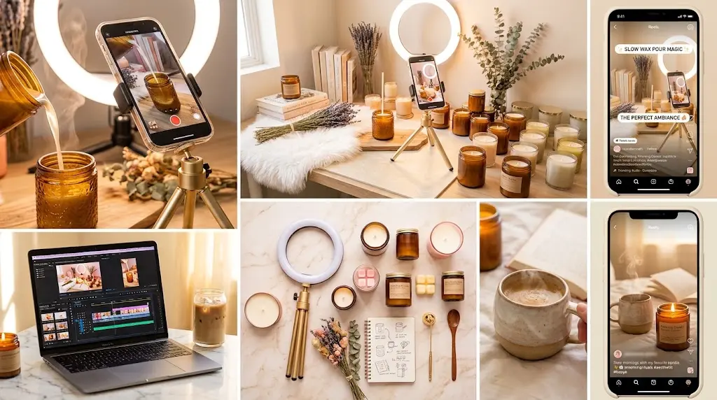 Bright candle reel creation setup styled with a ring light and gold tripod.