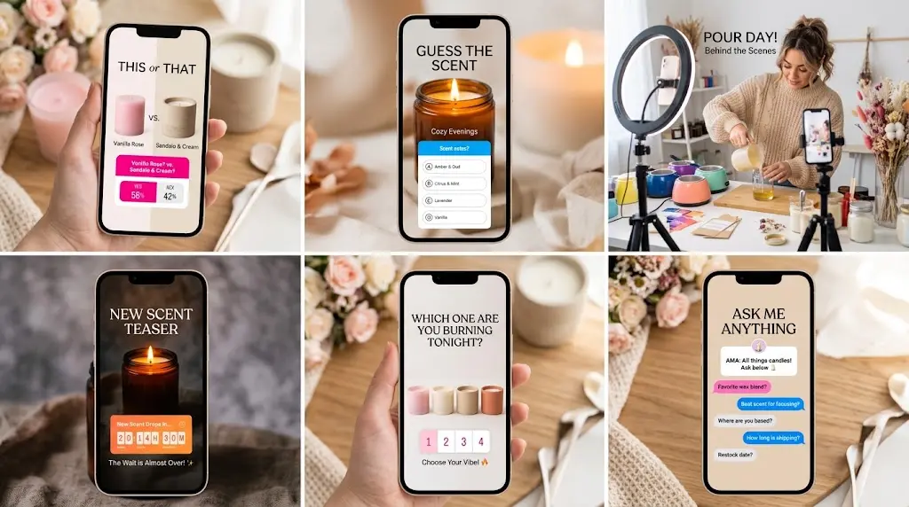 Colorful candle story poll and quiz slides displayed on glowing phone screens.