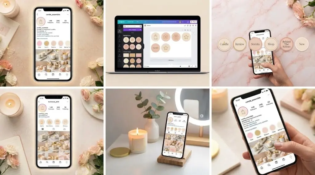 Polished candle brand Instagram profile styled with matching gold highlight covers.