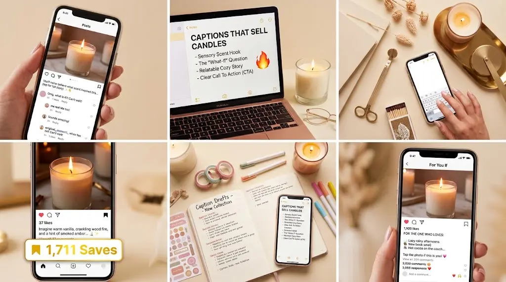 High-performing candle caption formulas displayed on a bright content creator desk.