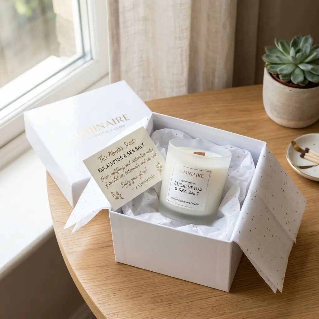 Scent of the month candle subscription box open with frosted glass candle and handwritten scent card in natural light.