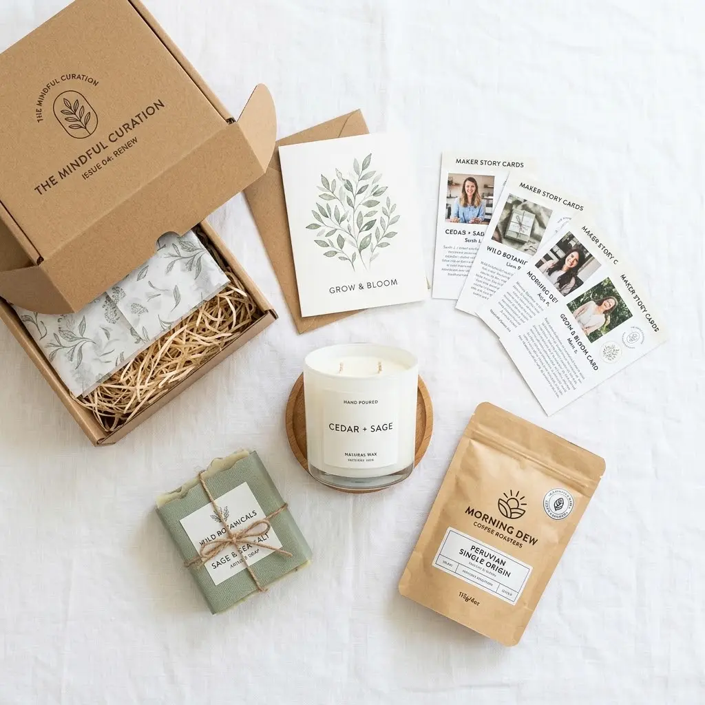 Small business bundle subscription box contents laid out overhead with candle soap coffee and individual maker story cards.