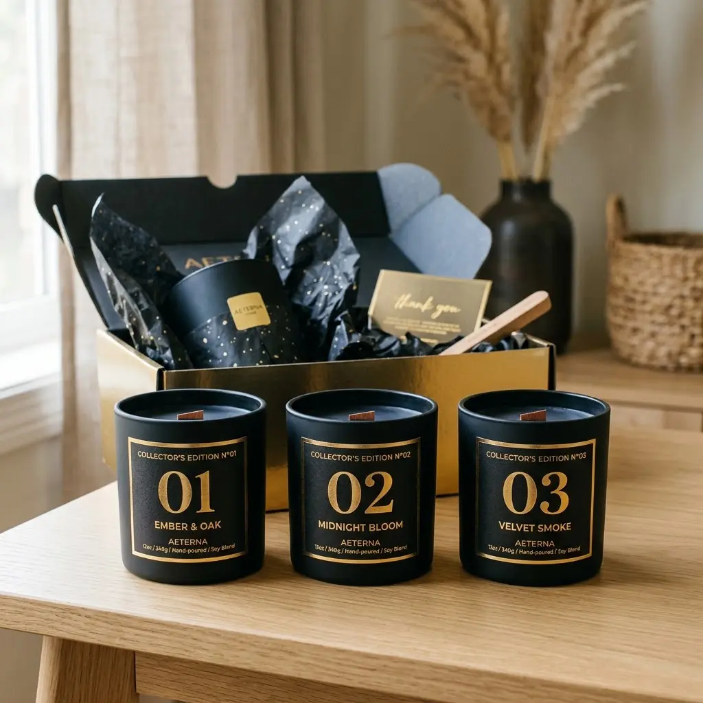 Three collector edition candles in matte black gold jars in a row with newly arrived fourth subscription box behind them.