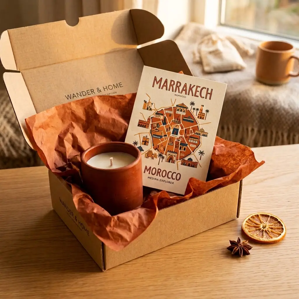 Scent journey subscription box with terracotta candle Marrakech map card and dried orange in warm golden light.