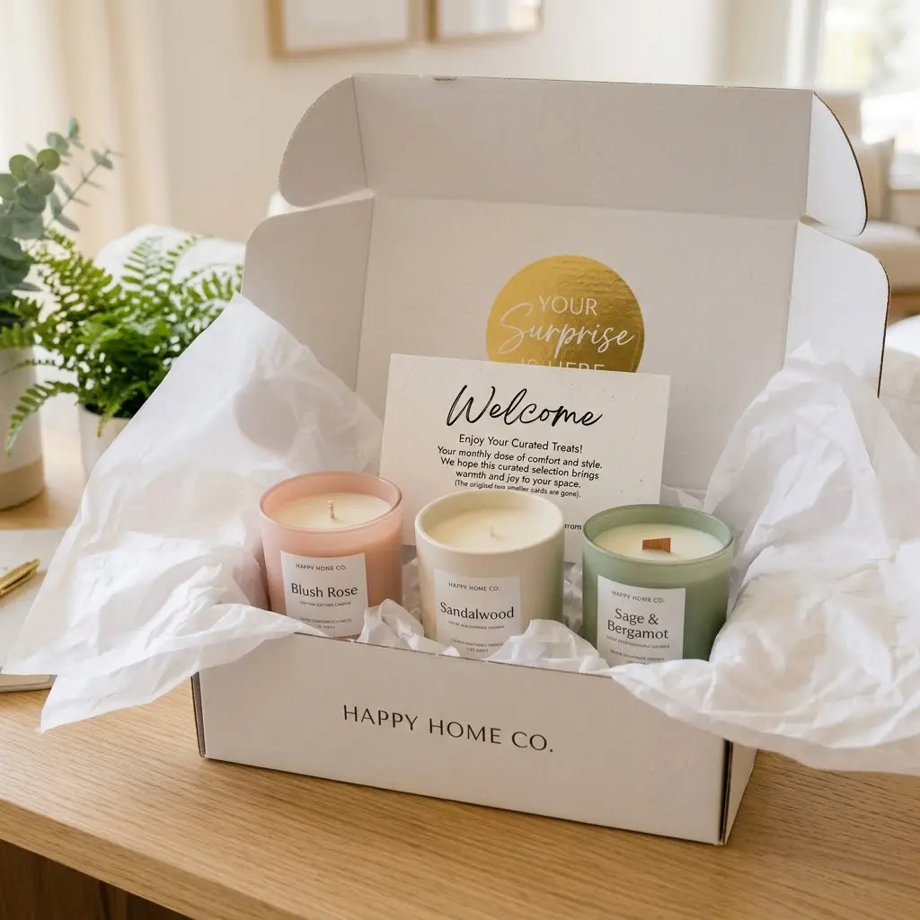 Surprise candle subscription box with lid slightly open showing two candles just peeking above white tissue paper in natural light.