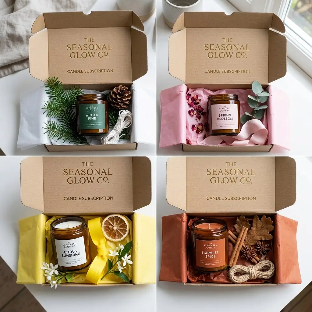 Four seasonal candle subscription boxes in a 2x2 grid showing winter spring summer and autumn in natural light.