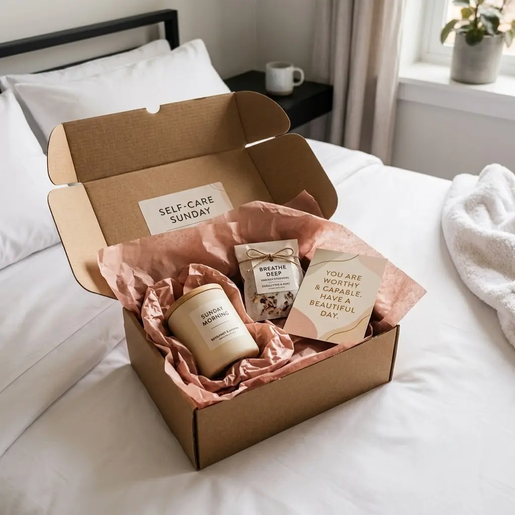 Self-care Sunday candle subscription box open on white linen bed with bath sachet and affirmation card in soft morning light.