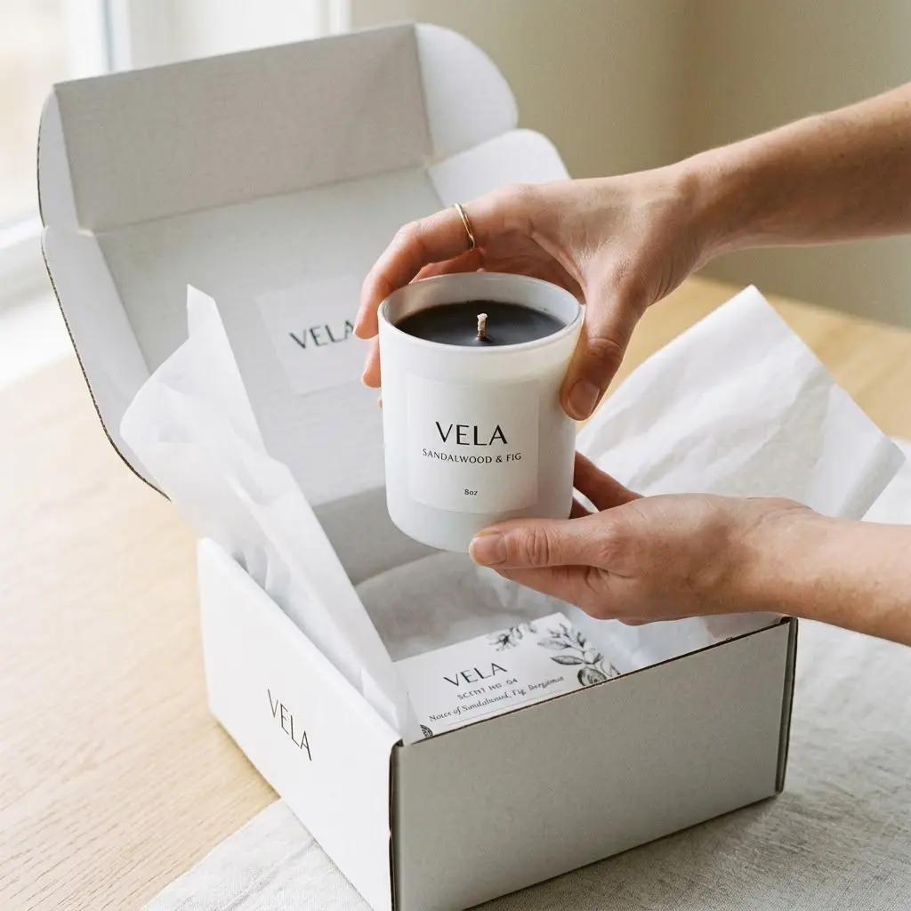Single white candle being lifted from subscription box with scent card visible, clean natural light unboxing moment.