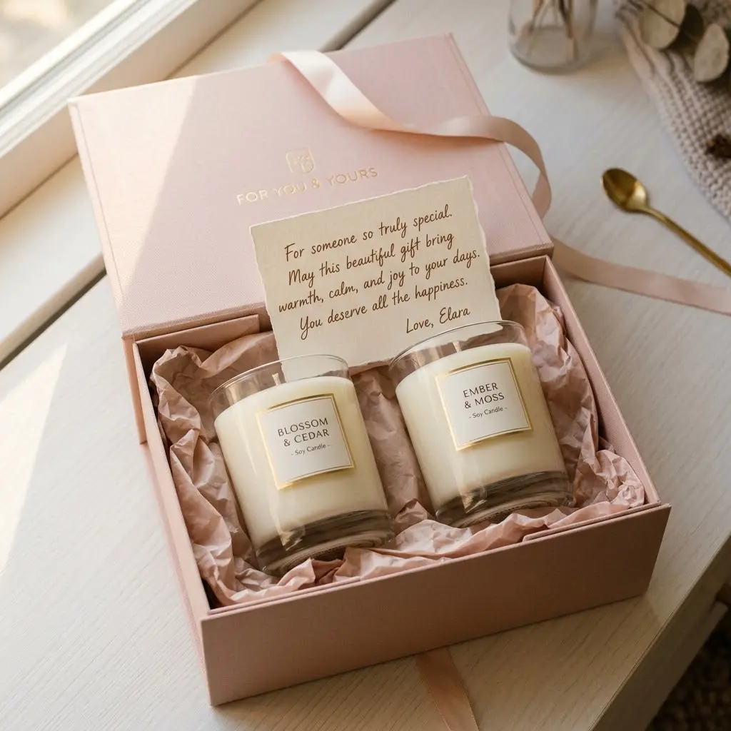 Two elegant candles in gift subscription box with blush tissue paper satin ribbon and handwritten gift card in warm light.