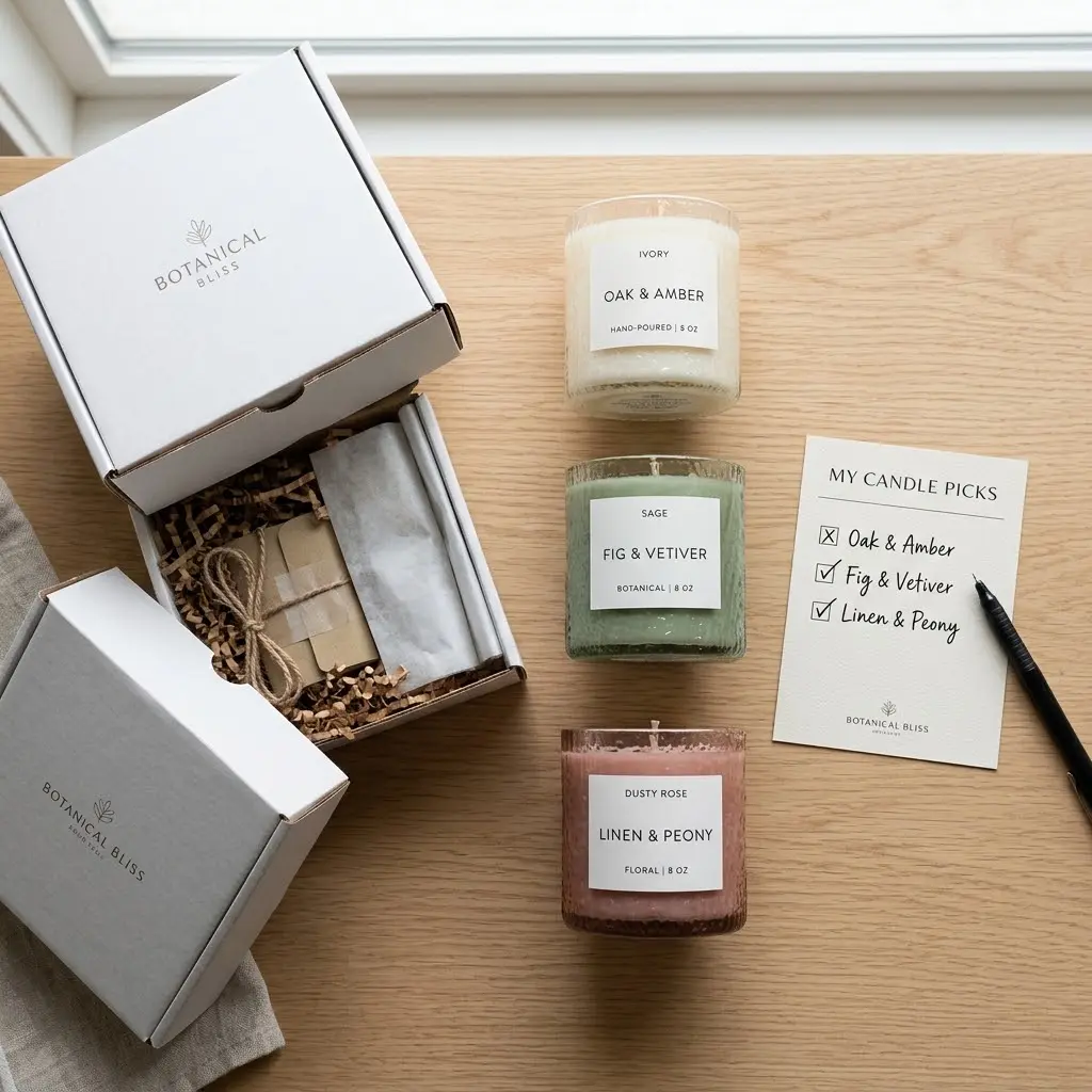 Three candles in different colours beside open subscription box with scent selection checklist in bright natural light.