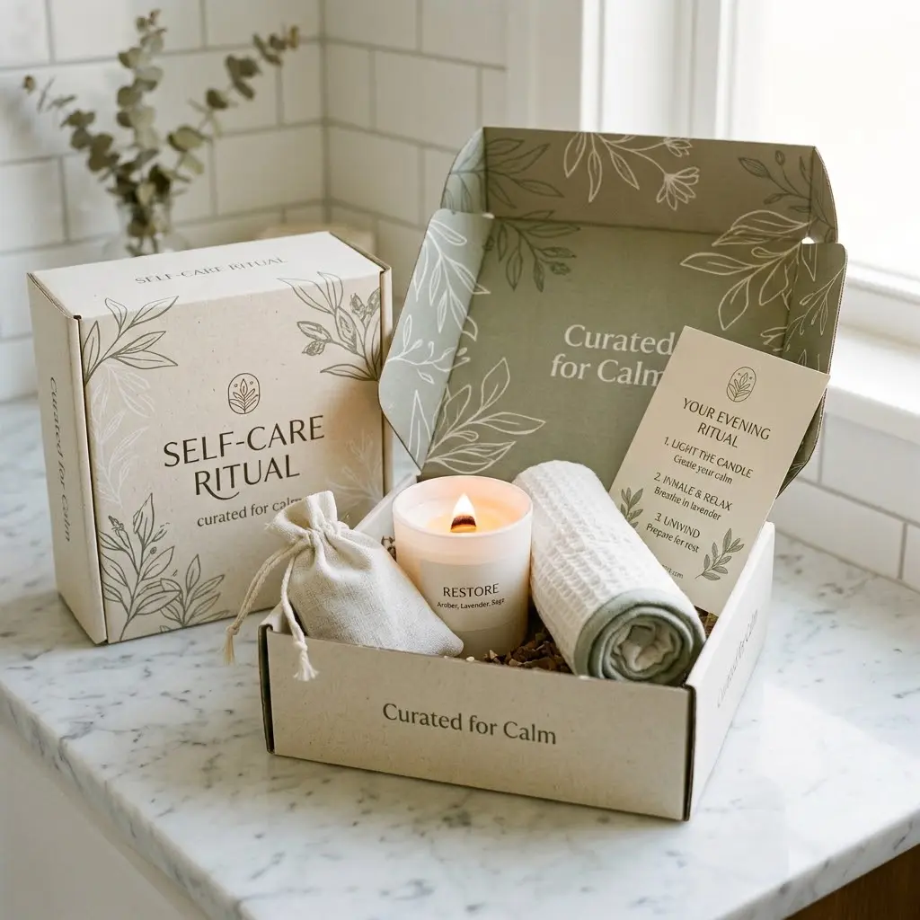 Wellness candle subscription box open on marble with glowing candle lavender sachet and ritual card in spa calm lighting.