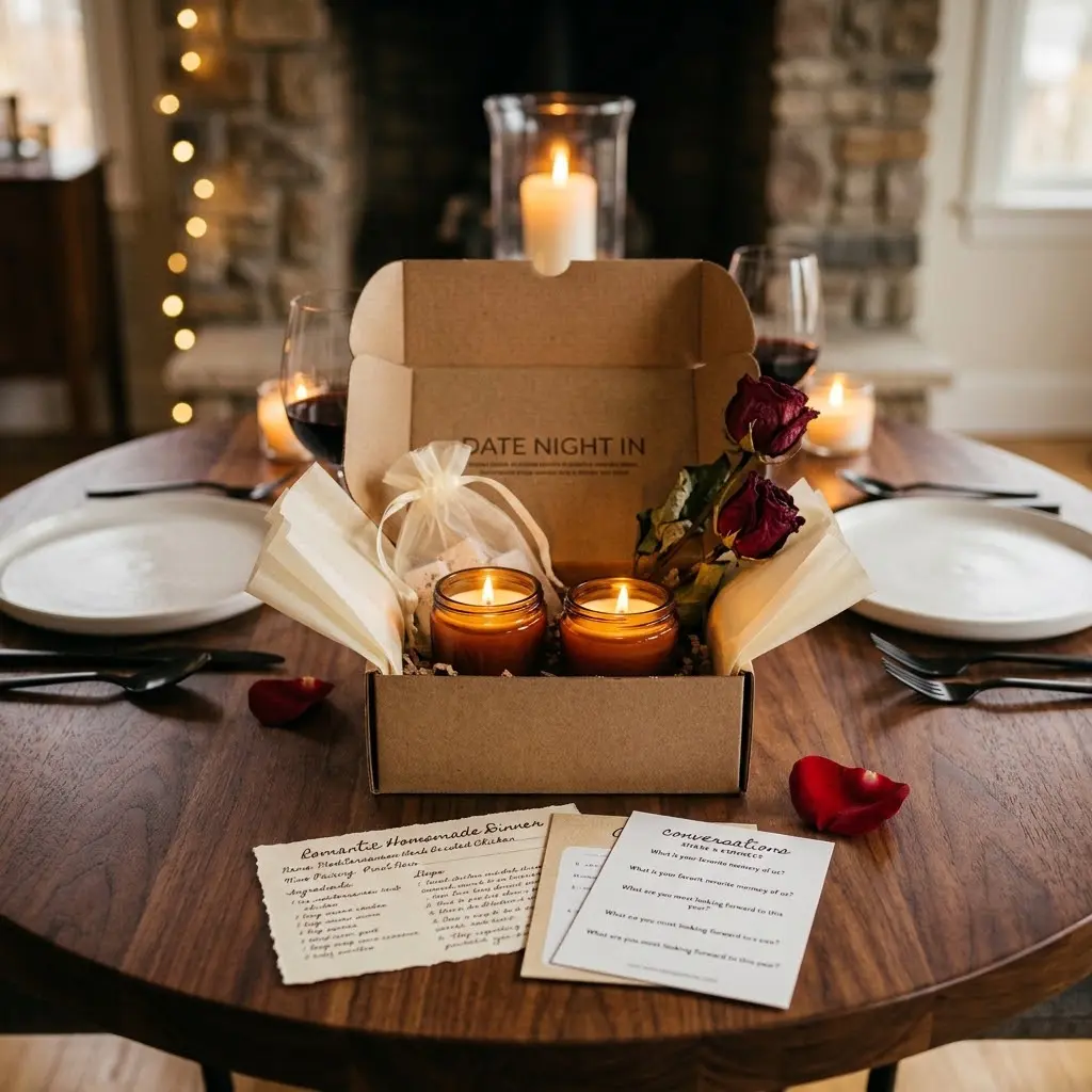 Two glowing amber candles in date night as one of the candle subscription box ideas with recipe card and conversation prompt in warm candlelight.