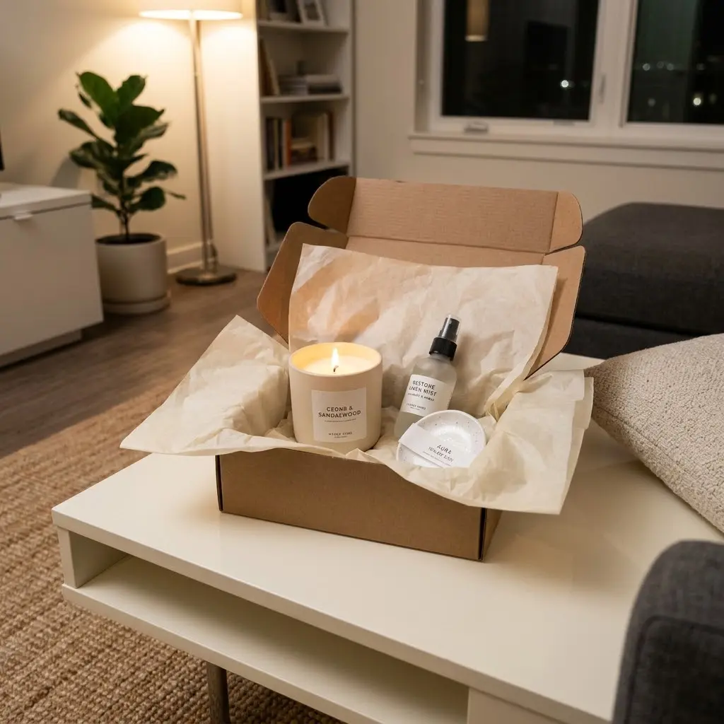 Cosy home candle subscription box with glowing ceramic candle linen spray and trinket dish on wooden table with knit throw.