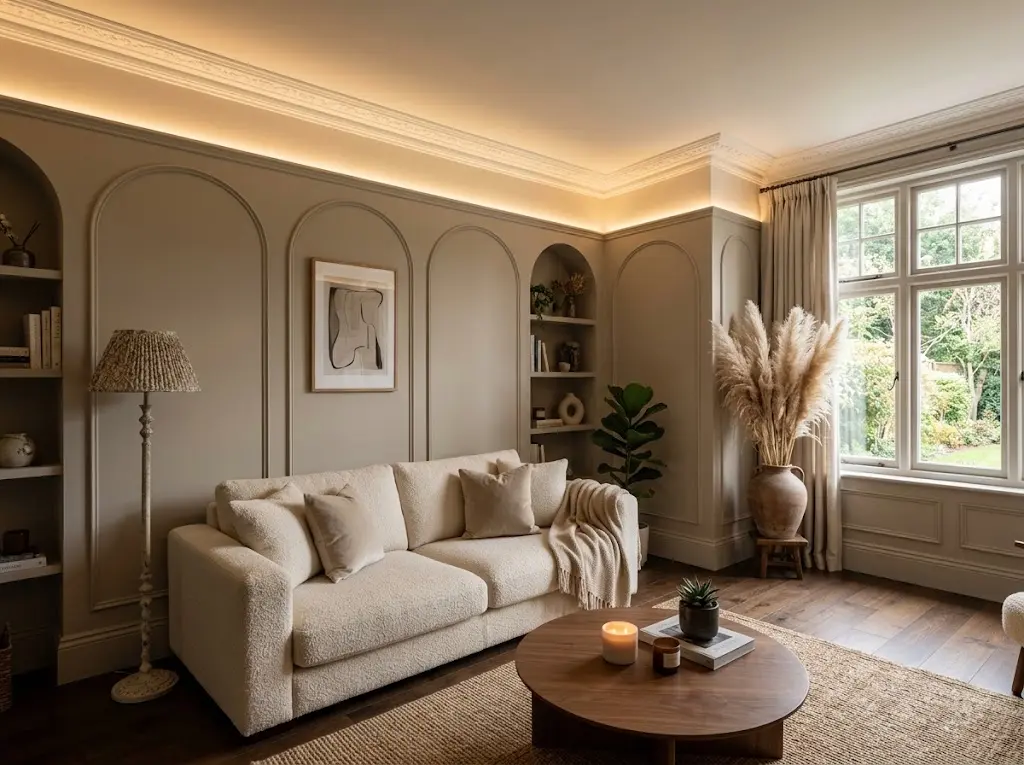 Modern luxury drawing room with arched greige wall panels curved bouclé sofa layered lighting and professionally designed lived-in feel.
