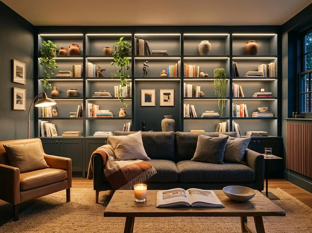 Modern luxury drawing room with full wall floor to ceiling built-in shelving glowing with warm LED light books ceramics plants and sofa below.