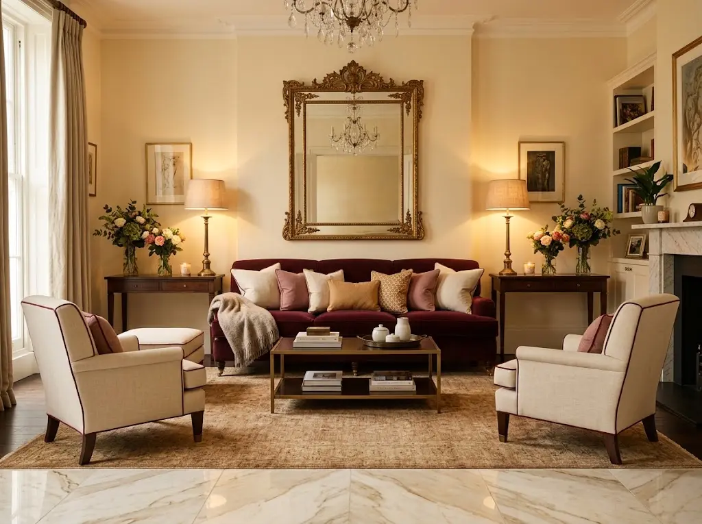 Timeless luxury drawing room with deep burgundy velvet sofa cream walls ornate gold mirror antique brass lamps and warm rich evening light.